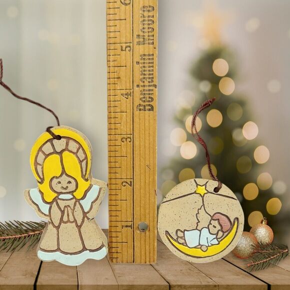 Vintage Hand Painted Clay Angel Christmas Ornaments Set Of 3 Folk Art Primitive - Picture 4 of 5